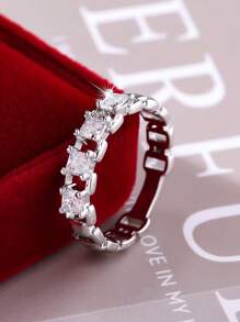 1pc Elegant Simple Square Design Zirconia Stone Ring, Suitable For Ladies As Valentine's Day, Wedding, Anniversary Gift And Daily Wear, Party Occasions