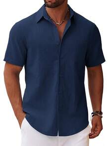 Camisa de manga corta con botones para hombre, de algodón casual de verano, de lino para boda, con bolsillo - Azul Marino - Ver 1