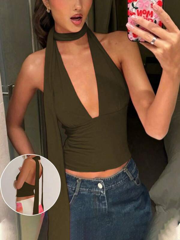 Women's Solid Color Young, Fashionable And Sexy Y2K Slim Fit Short Neck Hanging Top Solid Color, Black, Pink, Yellow, Olive Green Top