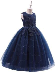Flower Girls Tulle Lace Princess Pageant Festival Bridesmaid Carnival Floor Long Prom Dance Formal Evening Maxi Dresses - Màu xanh hải quân - Xem 5
