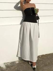女士纯色抹胸拼接撞色休闲连衣裙，适合夏季 - 灰色 - 查看 2