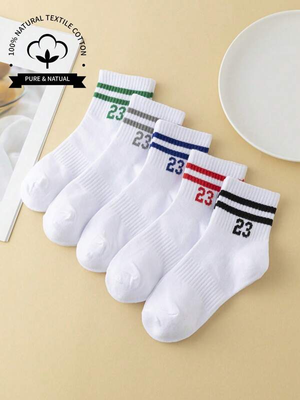 5 pares de calcetines deportivos para niños con estampado de doble barra de colores, calcetines de algodón transpirables y que absorben el sudor para fútbol y baloncesto
