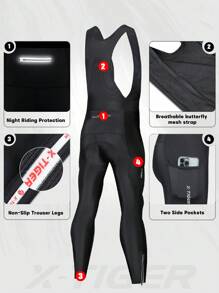 X-TIGER (Toamnă/Iarnă) Pantaloni de ciclism cu bretele pentru bărbați cu buzunar cu fermoar, colanți de ciclism cu căptușeală 5D, pantaloni de ciclism