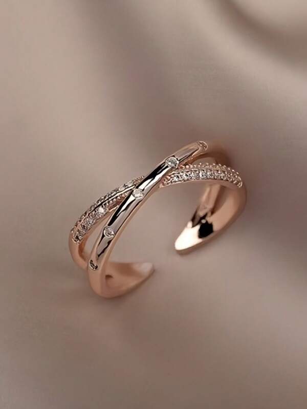 1pc Minimalist Rose Gold Stainless Steel Cross Cubic Zirconia Ring, Fashion Adjustable Luxury Ring For Women