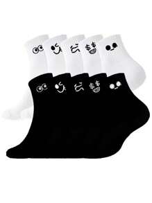 5 pares de calcetines informales hasta el tobillo con estampado de expresiones de dibujos animados para parejas, estilo aleatorio