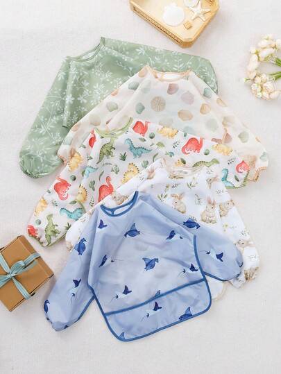 一件长袖罩衫，易于清洗的喂食围兜，涤纶连体围裙，适合喂食、绘画和无脏乱用餐，适合6-36个月的儿童