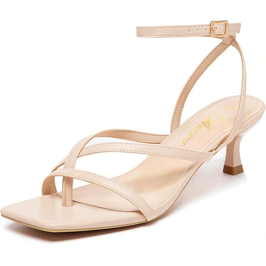 Athlefit Tacones De Mujer Strappy Kitten Heels Square Toe Ankle Strap Sandals Dressy Party Shoes - 裸體 - 查看 1