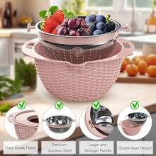 Juego de colador con recipiente - 4 en 1 Colador de alimentos con ralladores y cucharas - Coladores para cocina - Coladores y coladores - Limpiador de frutas con colador para pasta, arroz y verduras, color rosa - Rosa Pálido - Ver 7