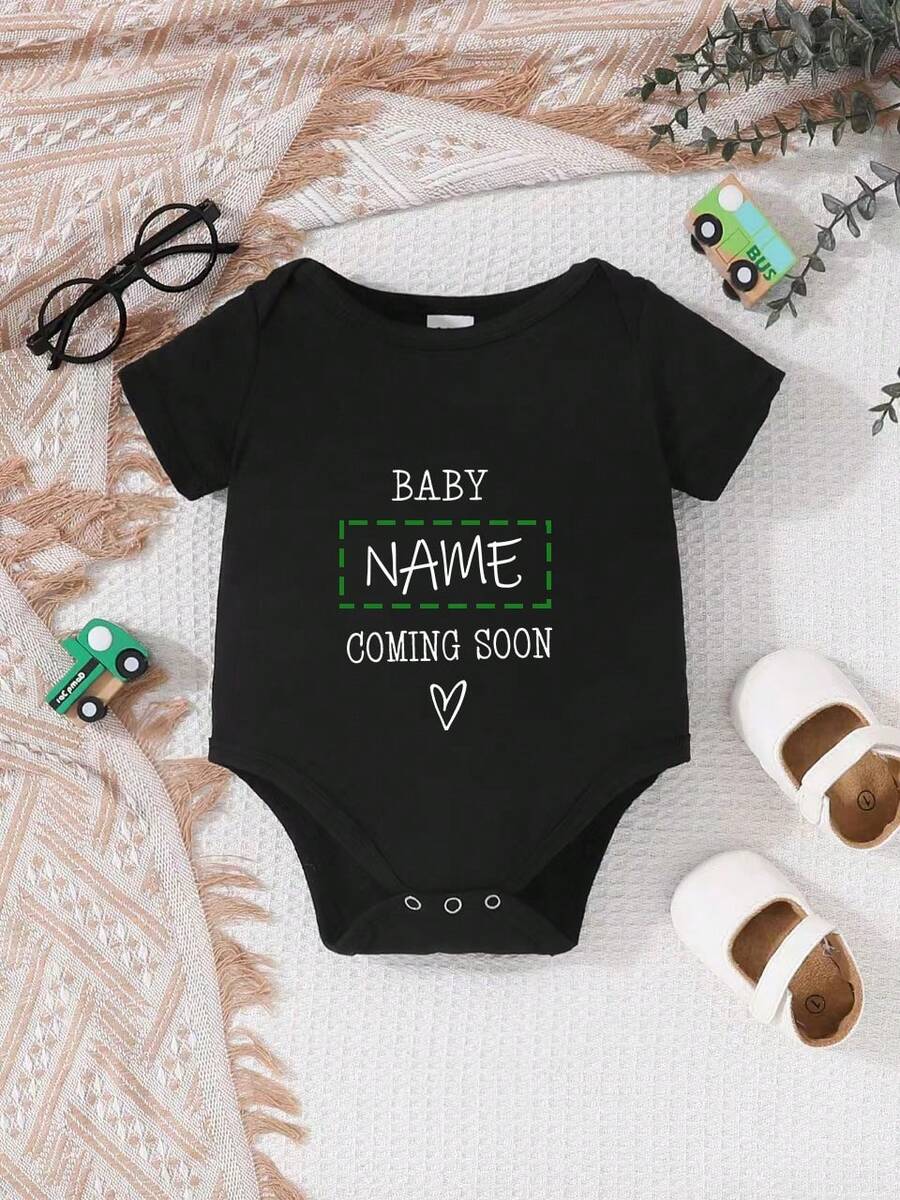 Customized Short Sleeve Romper With Name, Personalized Name, Round Neck Short Sleeve Baby Girl And Girl Casual Jumpsuit - Machine Washable - Regular Round Neck Style - Black - View 1