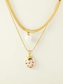 1 件不锈钢双层蛇骨项链，带树脂仿珍珠和水果吊饰（草莓、西瓜、樱桃），非常适合夏季郊游、海滩、情人节礼物和日常佩戴，适合所有场合