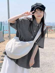 格纹短袖翻领荷叶边衬衫，甜美休闲夏季女士上衣