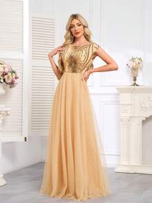 hezixi Women's Sequined Mesh Patchwork Evening Party Dress Elegant Formal Prom Wedding Guest Gown, For Graduation, Dinner - Champagne - View 4