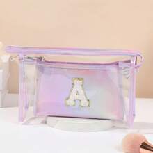 2pcs Letter Laser Makeup Bag, Transparent Jelly Travel Organizer Pouch, Large Capacity High-End Toiletry Bag