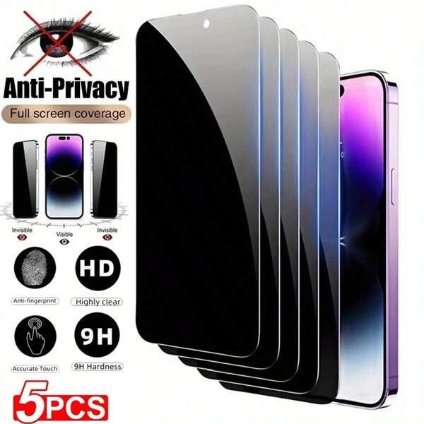 5pcs Tempered Glass Privacy Screen Protector For IPhone X/XS/XR/11/12/13/14/15/16 Series, Anti-Peeking Glossy Protection, High Definition, 9H Hardness, Easy Installation
