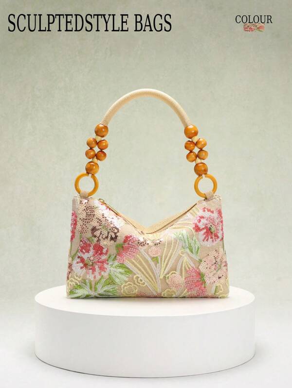 1 pieza Bolso de mujer tipo bandolera de estilo vacacional en PVC con lentejuelas y estampado floral y de hojas, con asa de trenza en forma de argolla, adecuado para verano, playa y ocio (se enviará aleatoriamente un patrón floral)