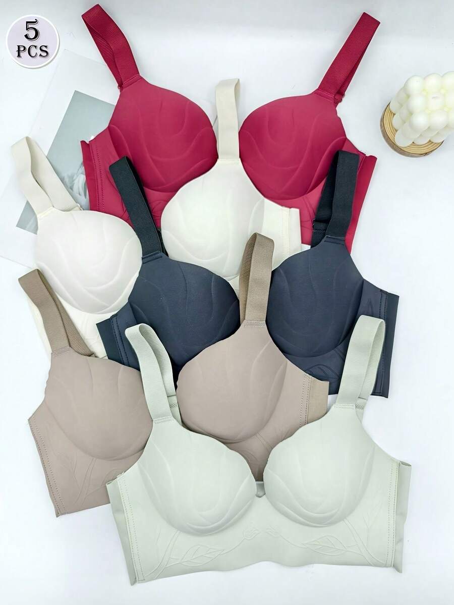 5-Pack Women's Underwear Bra Solid Color Seamless Gathering Big Breasts To Make Them Look Smaller And Smaller, And To Prevent Sagging, Adjustable Type, No Steel Ring Bra, Casual And Comfortable, Non-Removable Breast Pads For Women - Nhiều màu - Xem 1