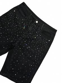 男士夏季时尚水钻装饰斜口袋牛仔短裤 - 黑色 - 查看 3