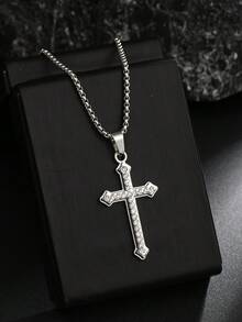 1pc Fashionable Minimalist Personalized Rhinestone Stainless Steel Cross Necklace, Wholesale Cross-Border High-End Long Black Sweater Chain, Fully Rhinestone Cross Pendant Necklace, European And American Hip Hop Charms Pendant, Household Holiday Birthday Gift For Men Daily Wear - New Diamond Cross Necklace - View 4