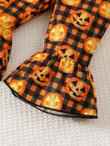 New Baby Girl Long Sleeved Round Neck Butterfly Bow Halloween Print Dress Paired With Full Print Minimalist Long Pants Headband Three Piece Set - 黑色 - 查看 8