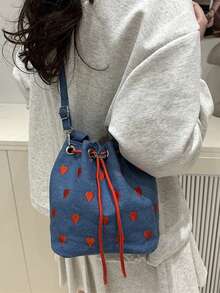 Y2k 美学单肩包 - 刺绣心形抽绳粉色迷你水桶包，女士斜挎包 | 可爱休闲和约会之夜时尚配饰，多用途单肩包 - 斜挎/斜跨/手提刺绣水桶包