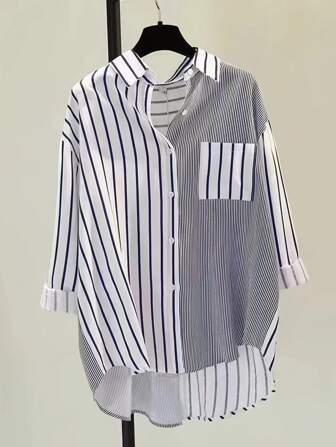 大码女式条纹前扣口袋休闲衬衫，适合约会