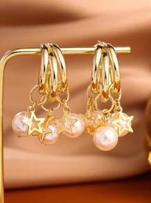 Boucles d'oreilles pendantes en forme de pentagone avec perles factices pour femmes