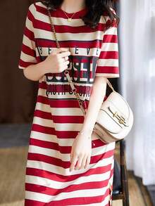 Vestido de las mujeres verano suelto rayas finas impreso vestido camiseta de longitud media vestido de manga corta marea - Rojo - Ver 1
