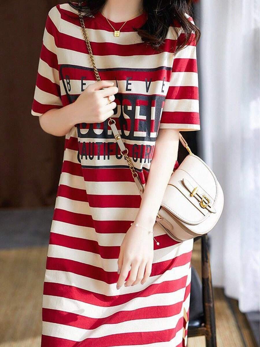Vestido de las mujeres verano suelto rayas finas impreso vestido camiseta de longitud media vestido de manga corta marea - Rojo - Ver 1