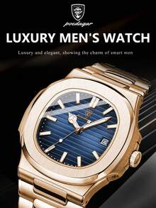 POEDAGAR 1pc Luxury Men's Stainless Steel Date Quartz Watch, Business Waterproof Luminous Hands Square Watches For Men, Man Wristwatch With Box Suitable For Gift Giving, Father's Gifts - 藍色 - 查看 6