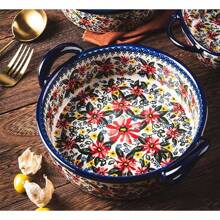 Bicuzat Vintage Style Tulip Flower Pattern Ceramic Bakeware Casserole Dish Baking Pan Lasagna Pans Baking Dish With Handles Oven\/Cooking\/Kitchen-1 PCS-60 OZ