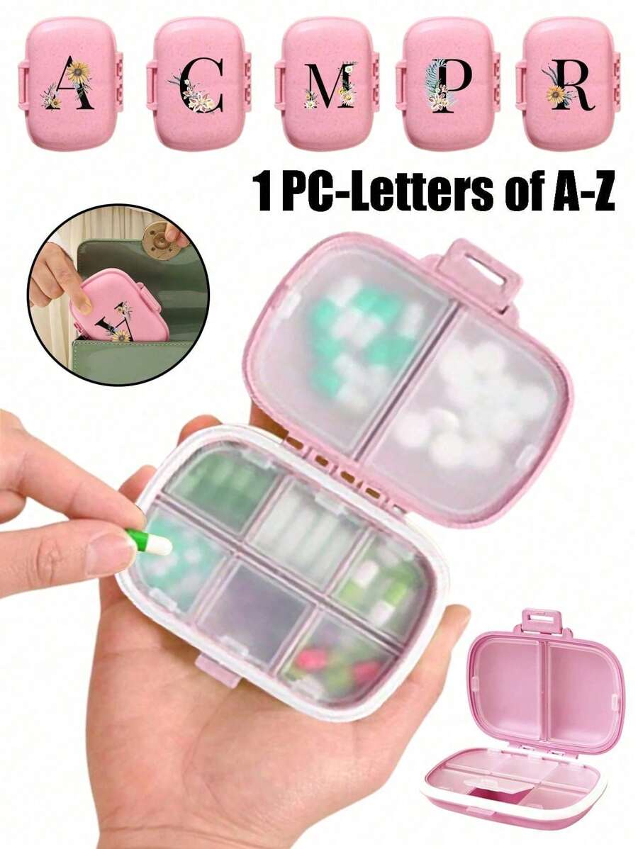 便携式 8 格密封药盒，防尘防潮，一周 7 天使用，黑色雏菊向日葵字母艺术字母设计，药丸、胶囊和维生素收纳盒，首字母旅行药丸收纳盒，8 格便携式 A-Z 字母药盒，每日维生素药盒，口袋钱包药品收纳盒小药丸容器，字母 ID 吊饰收纳盒 - 彩色 - 查看 1