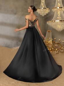 Faeriesty Faeriesty Gorgeous Beaded Sequin Evening Gown With Floral Beading Embroidery & Dramatic Slit Detail, Back Fluid Satin Overlay For High-End Parties, Black Tie Affairs & Urban Fashion Events