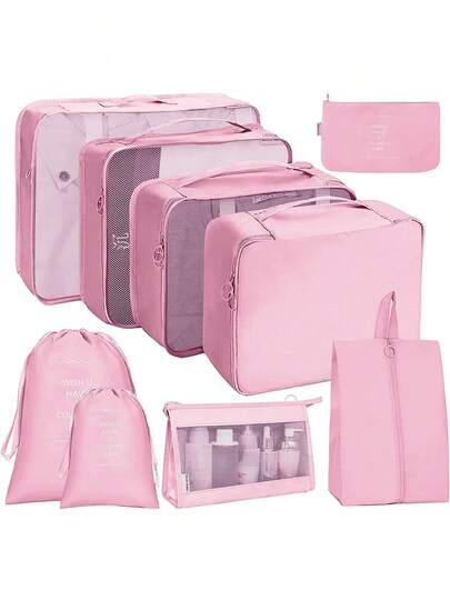 9 件旅行收纳盒套装，包括压缩鞋袋、服装和内衣收纳袋、行李收纳袋、旅行配件收纳袋、旅行必需品旅行包、假期返校用品、宿舍必需品、大学