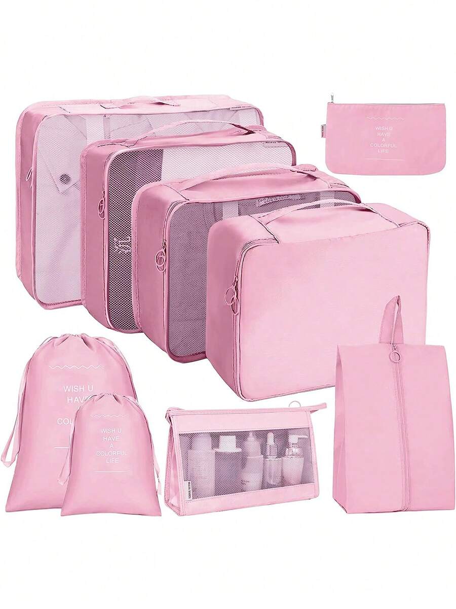 9pcs Travel Storage Box Set, Including Compression Shoe Bags, Clothing & Underwear Organizer Bags, Luggage Packing Cubes, Travel Accessories Organizer Travel Essentials Travel Bag For Vacation Holiday Back To School School Stuff Dorm Room Essentials College - Pink - View 1