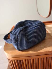 Classic Striped Large Capacity Handheld Makeup Bag, Linen Fabric, Dark Color Zipper, Skincare Products Travel Storage Pouch