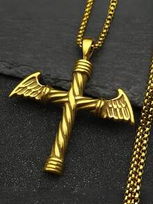 1pc Twisted Textured Stainless Steel Cross Pendant, Vintage Creative Titanium Steel Necklace For Men - Gold - View 8