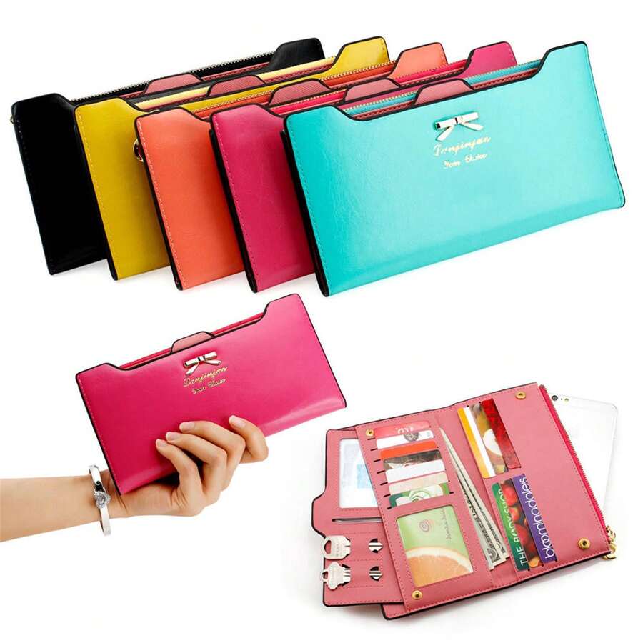 Women Ladies Long Leather Bifold Wallet Ultra Slim Thin Wallet Cute Bow Purse Clutch Multi Slots ID Credit Card Holder Wallet - màu đen - Xem 1