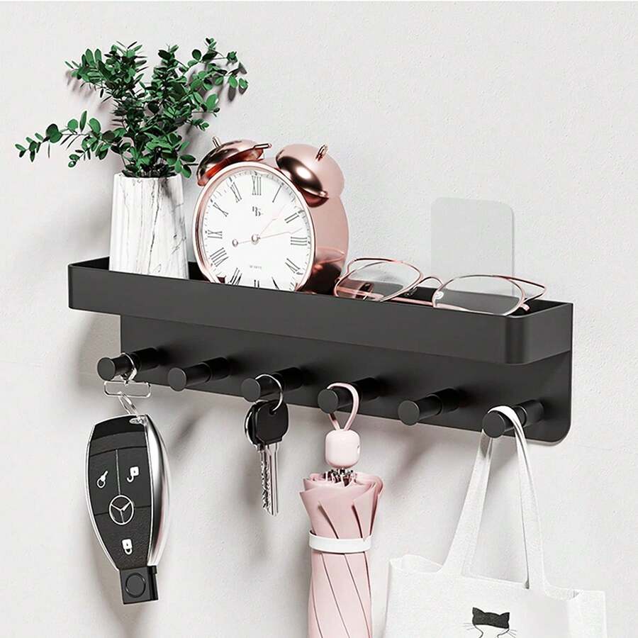 Schlüsselbrett Schlüsselbrett mit Ablage, Schlüsselboard Schlüsselhalter ohne Bohren (Edelstahl Selbstklebend Schlusselhanger Schlüssel Aufbewahrung Schlüsselleiste Wandorganizer Hakenleiste mit 6 Haken, Weiß/Schwarz, Schlüsselbrett), Edelstahl - Schwarz - Übersicht 1