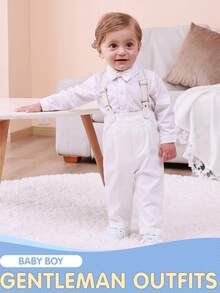 New Summer Children's Baby Boy 4-Piece Suit, White Long-Sleeved Fashionable Top, Detachable Suspenders And Trousers, Suitable For Spring And Summer Home Wear, Suitable For 3-12 Months Baby Suit Clothing