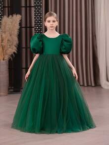 Tween Girl Christmas Dress With Bow Backless Deep V Puff Sleeve Tulle Princess Dress, Suitable For Birthday Party, Wedding, Flower Girl, Prom, Holiday Occasions - Dark Green - View 4