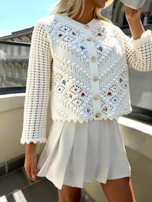Women's Floral Pattern Long Sleeve Hollow Out Single-Breasted Loose Elegant Knitted Cardigan - Beige - View 4