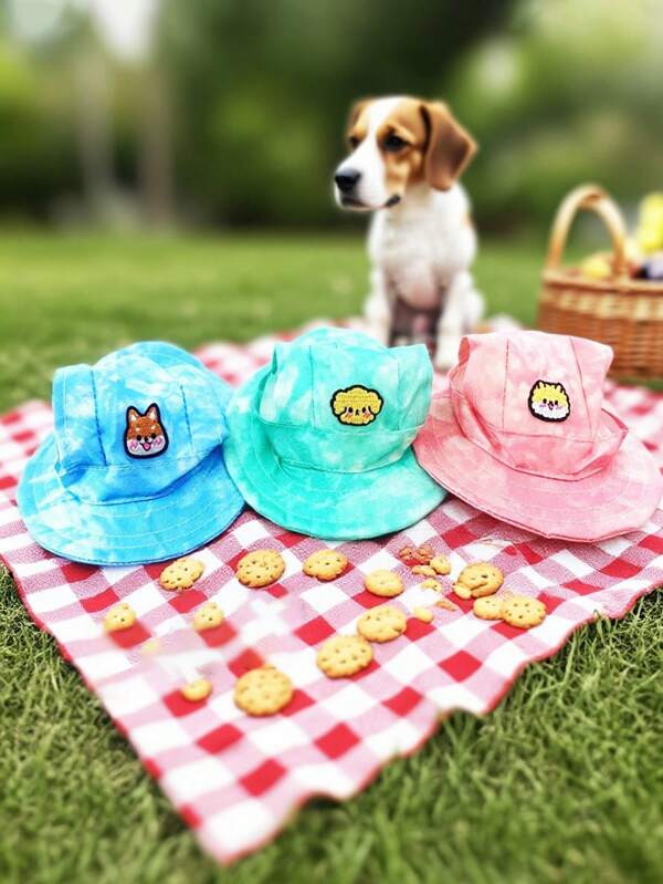 1pc Pet Sun Hat, Cat/Dog Sunscreen Hat With Cute Cartoon Pattern, Ear-Exposed, Adjustable Strap, Pet Accessories