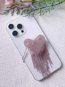 1pc New Creative Tassel Heart Nail Adhesive Universal Phone Holder, Crystal Telescopic Air Cushion Phone Stand, U Shape Finger Ring Grip, Elegant High-End Rhinestone Tassel Stand For Women Compatible With IPhone, Android Phone, Gift For Birthday, Family, Friends Phone Accessories