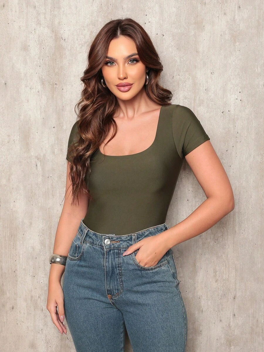 Basic Square Neck Blouse With Sleeve Comfortable Elegant Women's Fashion - xanh quân đội - Xem 1