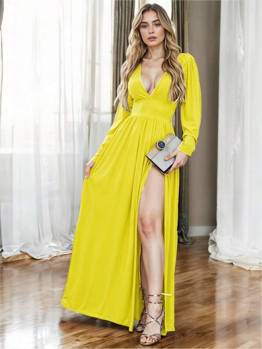 Maxi Vestido Elegante de Manga Larga y Escote en V Profundo con Abertura Lateral Alta en Pierna para Mujer - Amarillo - Ver 1