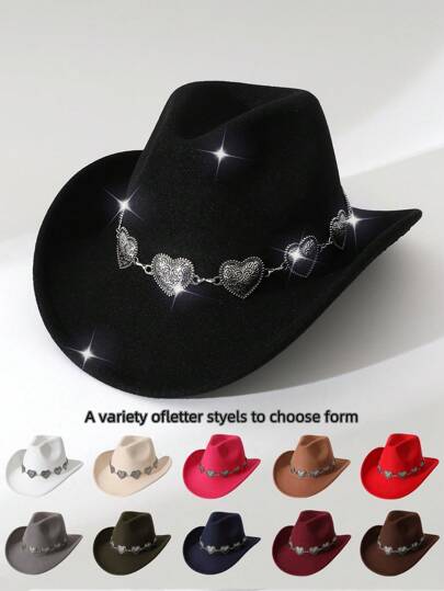 1 pezzo Cappello da uomo alla moda con fiocco sul bordo, decorato con catena argentata a forma di cuore, cappello versatile casual da esterno con protezione solare, adatto sia per uomo che donna