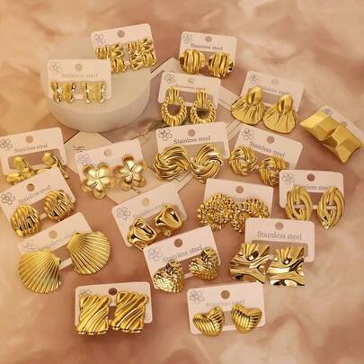 12 Pairs Of Elegant Stainless Steel Cast Earrings, With Geometric Shapes Such As Flowers, Tears, Butterflies And Wings. These Simple And Fashionable Stainless Steel Earrings Are Suitable For Ladies To Wear In Their Daily Lives And Make The Best Gift For Female Friends.