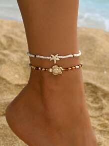 2 pièces Ensemble de bracelets de cheville bohème perlés, bijoux de plage en coquillages dorés, accessoires de mode pour vacances convenant à un port quotidien et aux voyages
