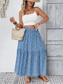 Plus Size Fall Blue Ditsy Floral Long Skirt For Women