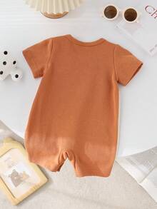 时尚圆领可爱印花宽松肩带二合一短袖撞色设计男婴连体衣 - 卡其色 - 查看 3